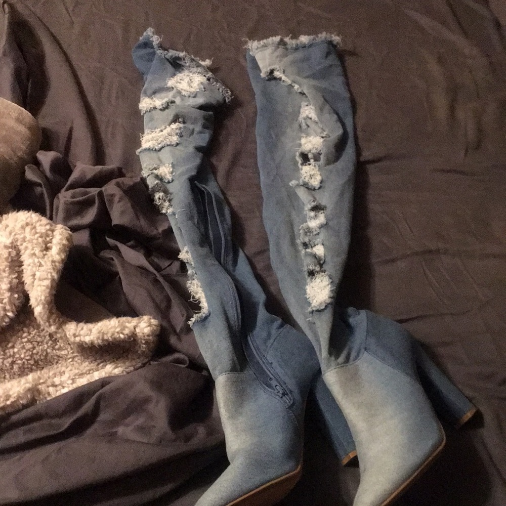 Denim thigh high boots